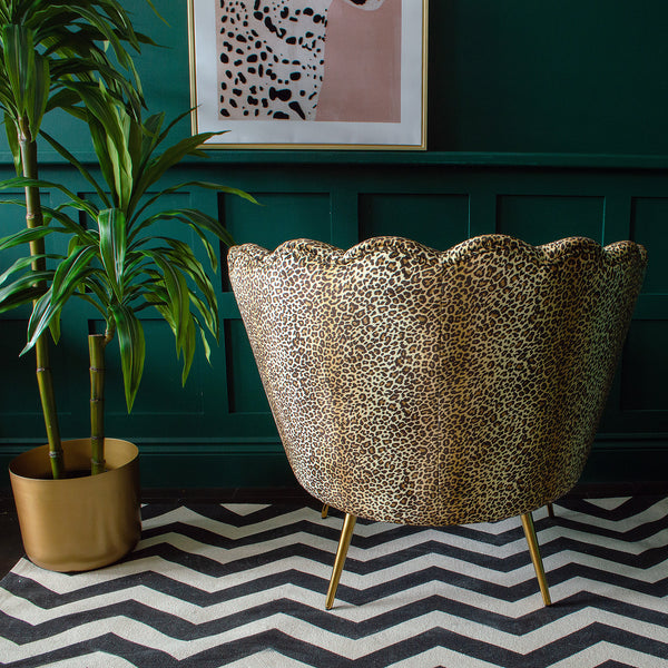 Back view of a leopard print chair next to a plant pot on a patterned rug