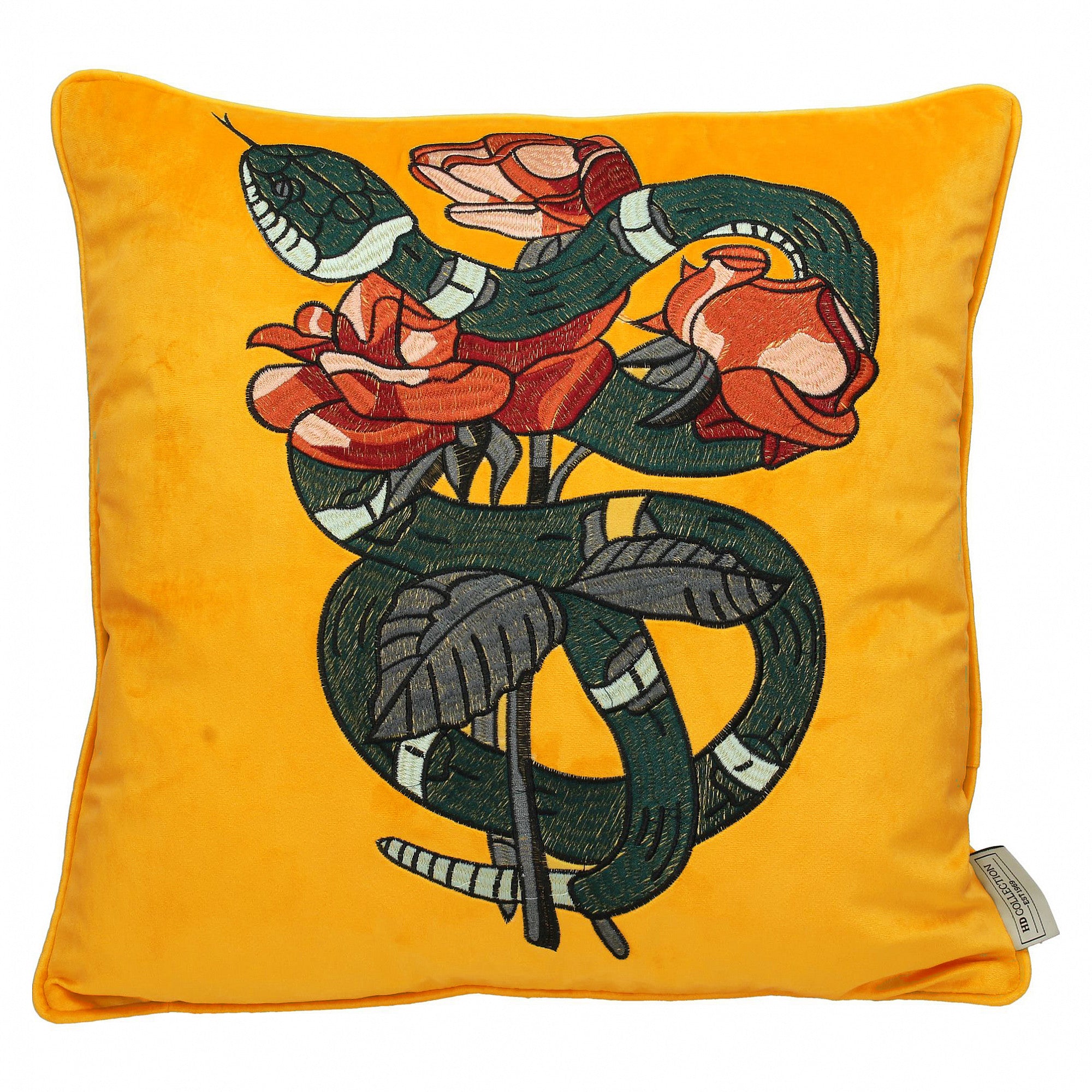 Snake & Roses Yellow Velvet Cushion