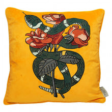 Load image into Gallery viewer, Snake &amp; Roses Yellow Velvet Cushion