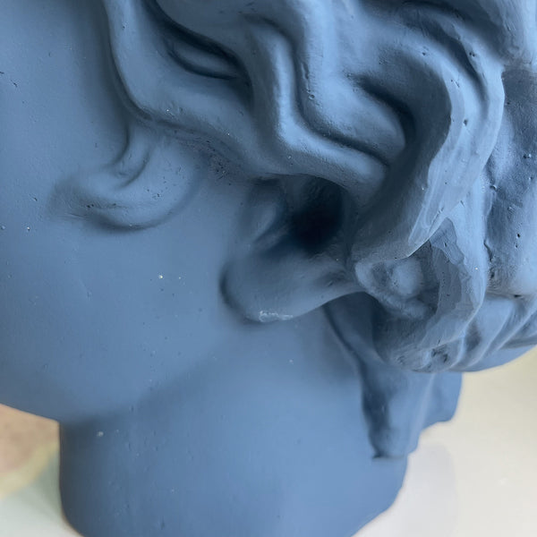 Close-up of a blue head-shaped planter