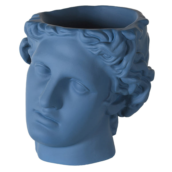 A blue head planter on a white background