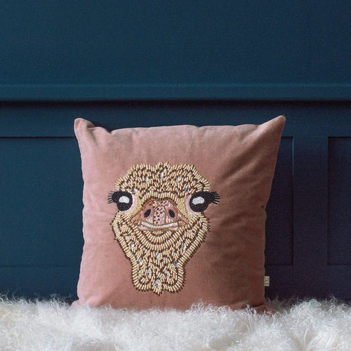 'The Mimi' Beaded Pink Velvet Ostrich Cushion