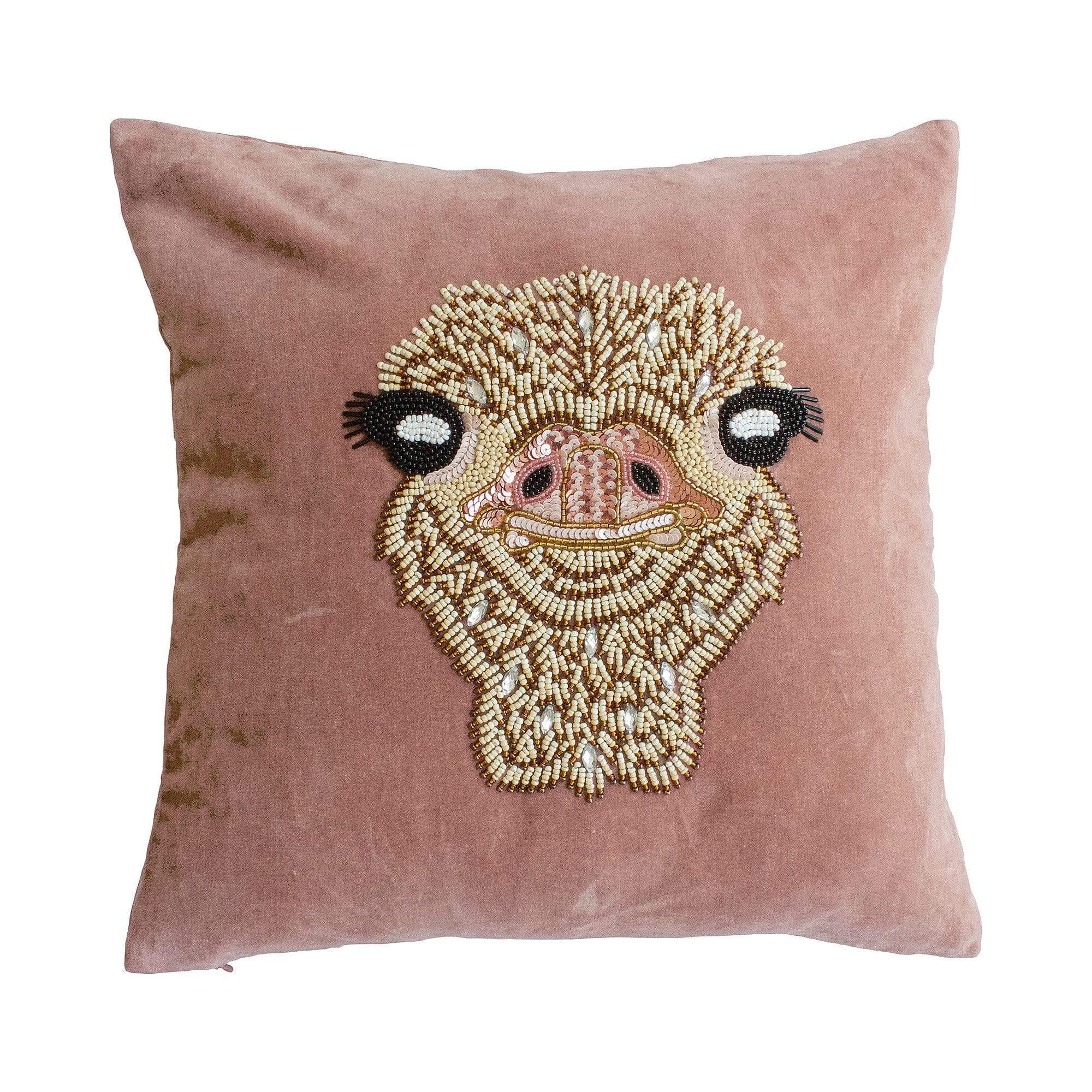 'The Mimi' Beaded Pink Velvet Ostrich Cushion