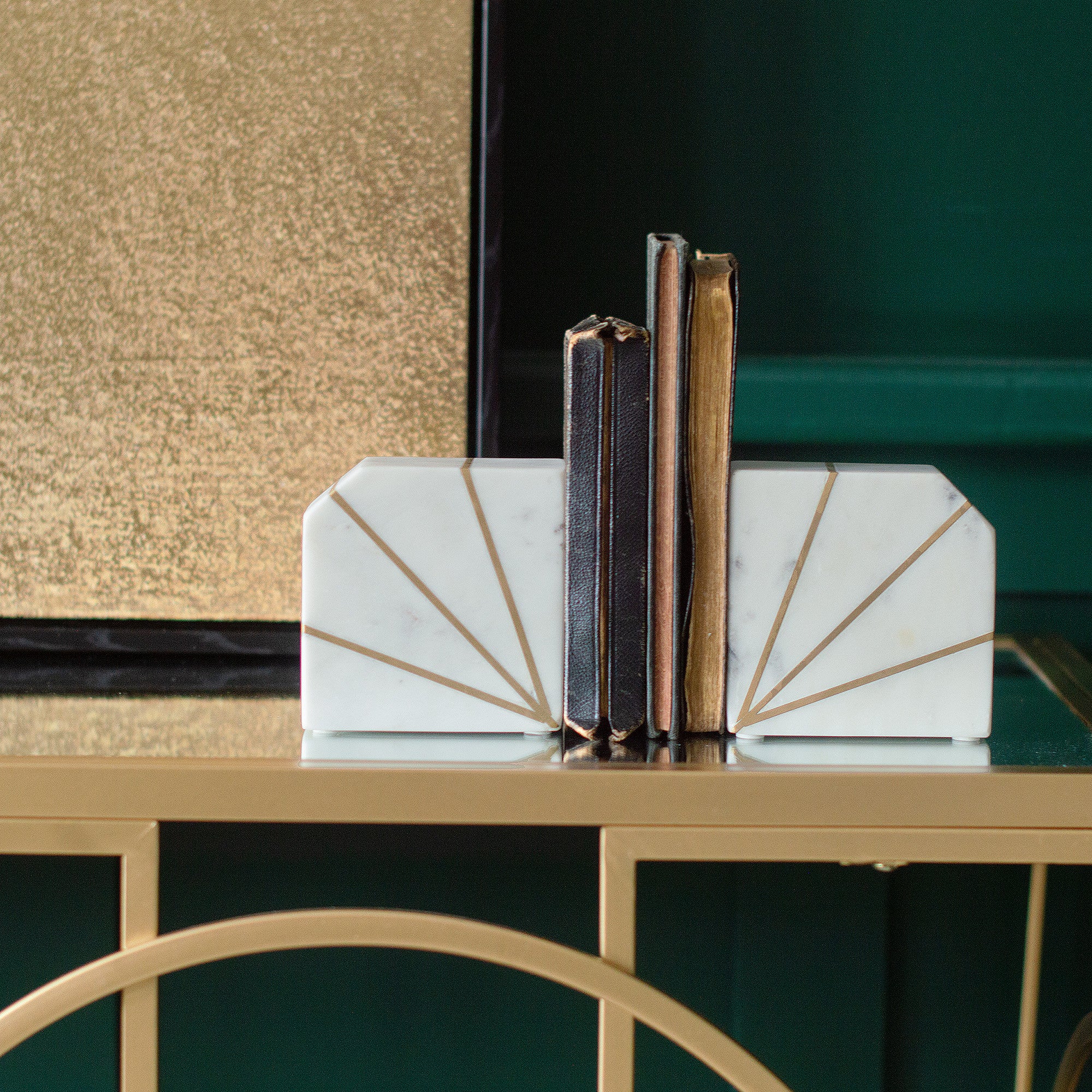 White Marble & Brass Deco Bookends